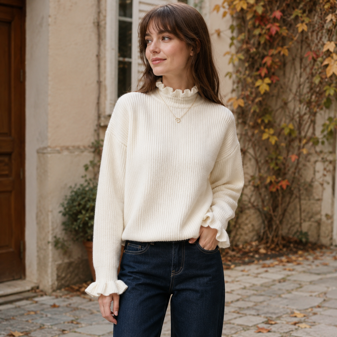 Pull blanc côtelé de face, volant au col et poignets à volants