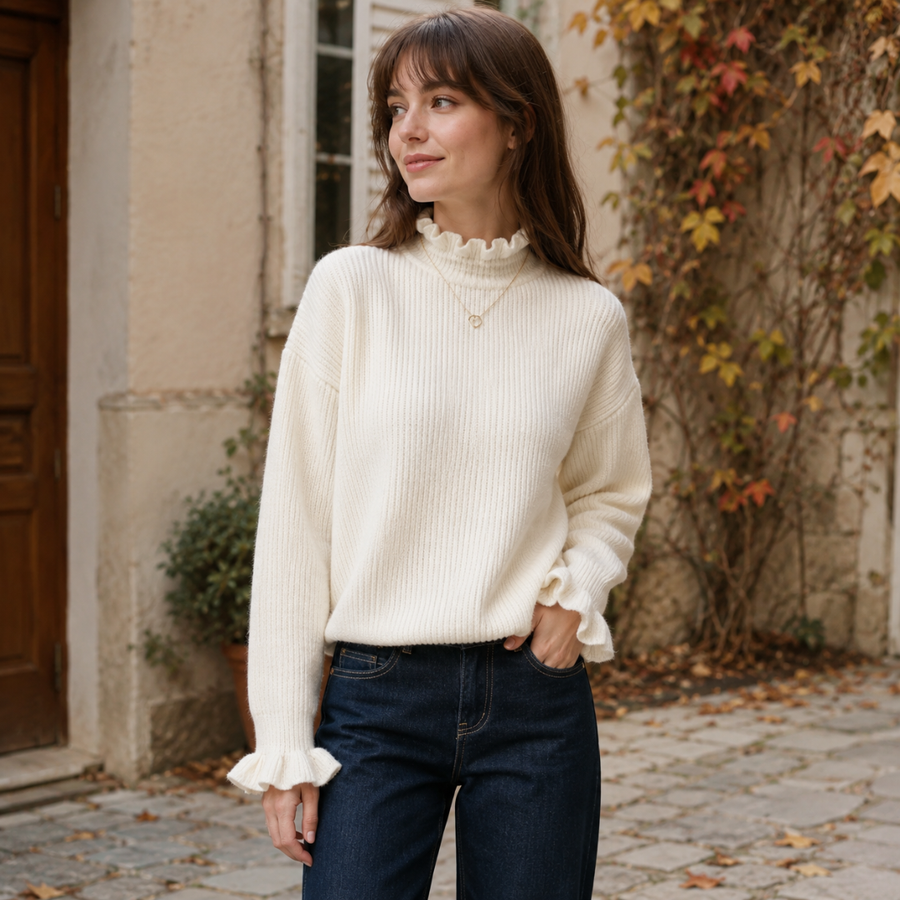 Pull blanc côtelé de face, volant au col et poignets à volants