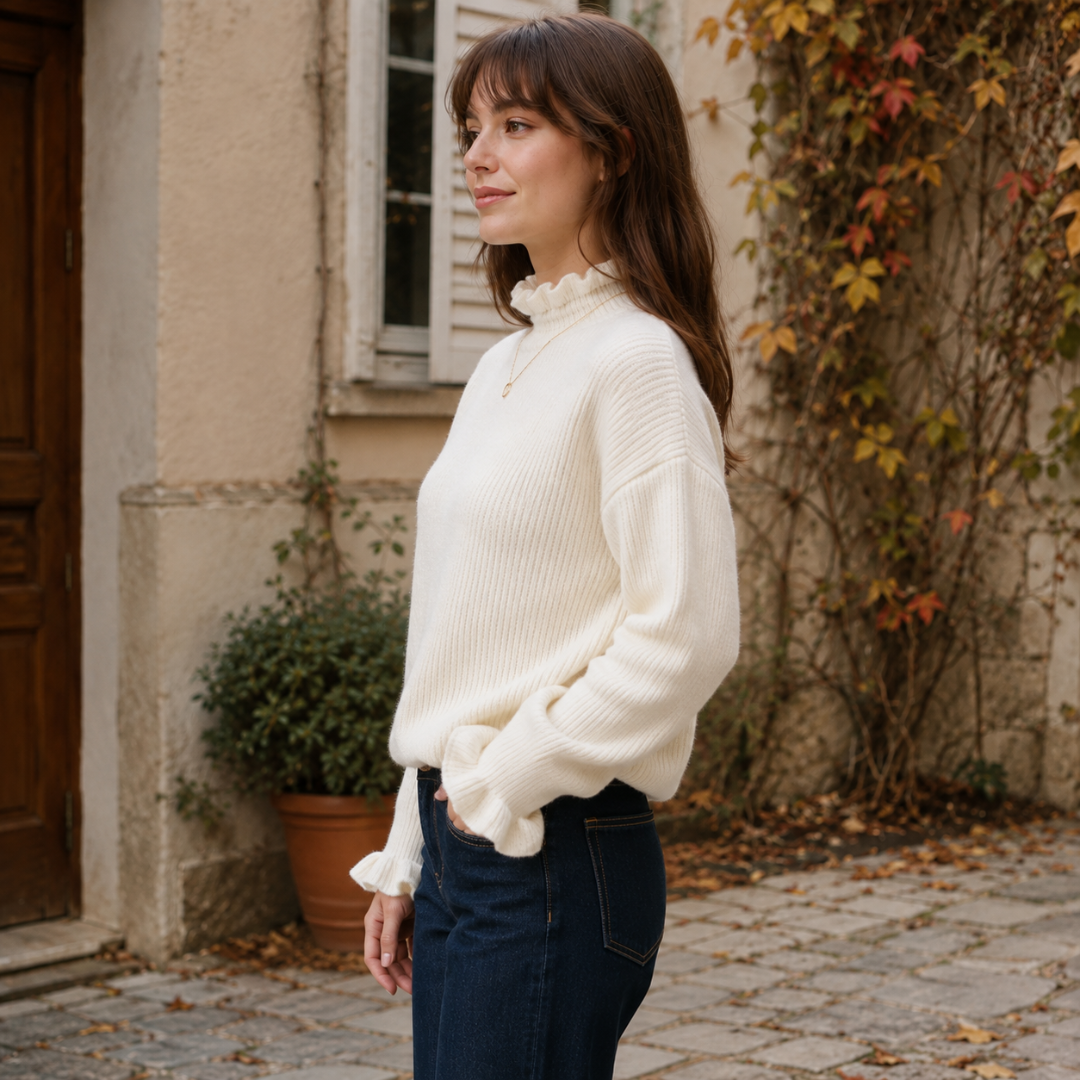 Vue de profil du pull femme blanc, côtes verticales et manches longues
