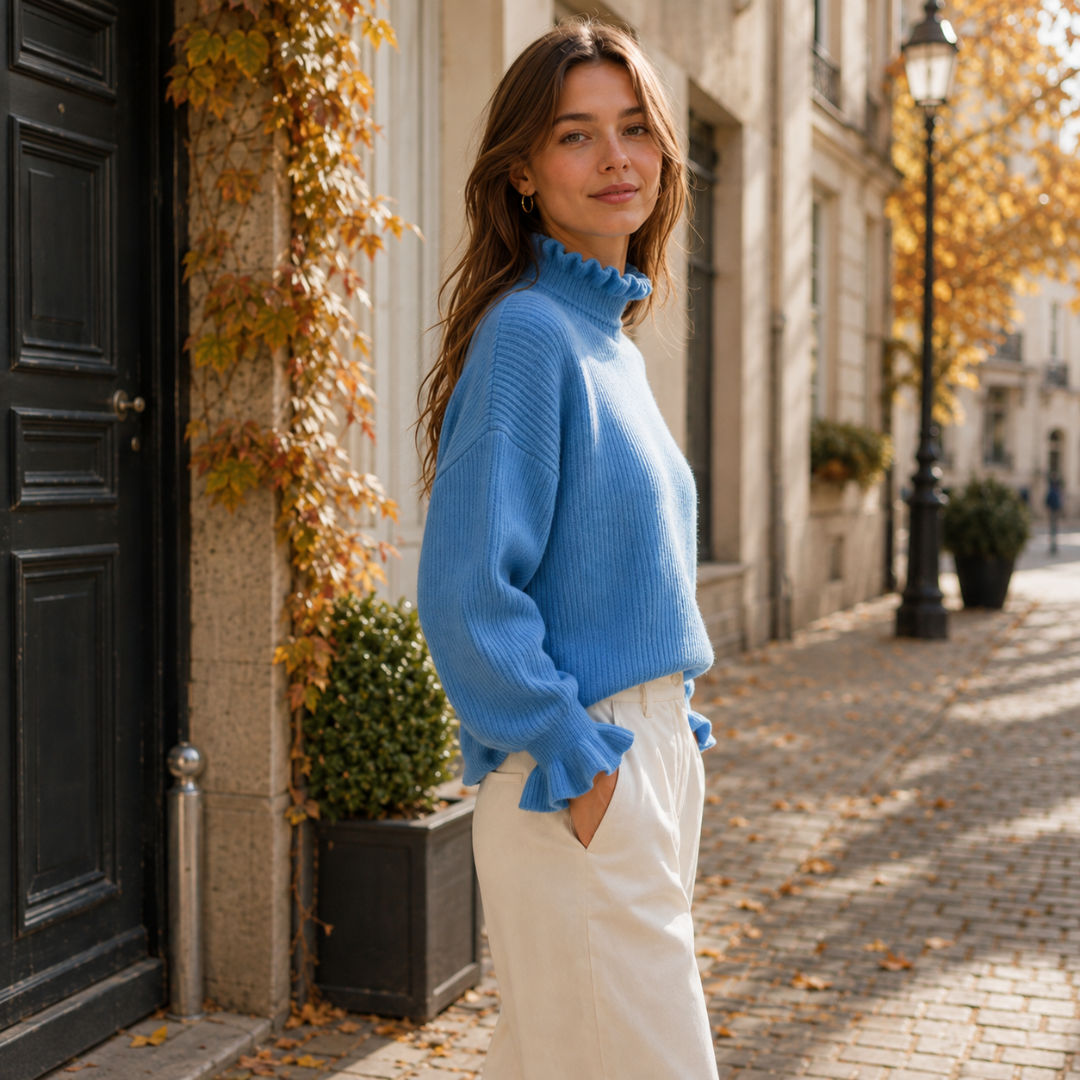 Profil du pull bleu côtelé, volant du col et poignet à volant