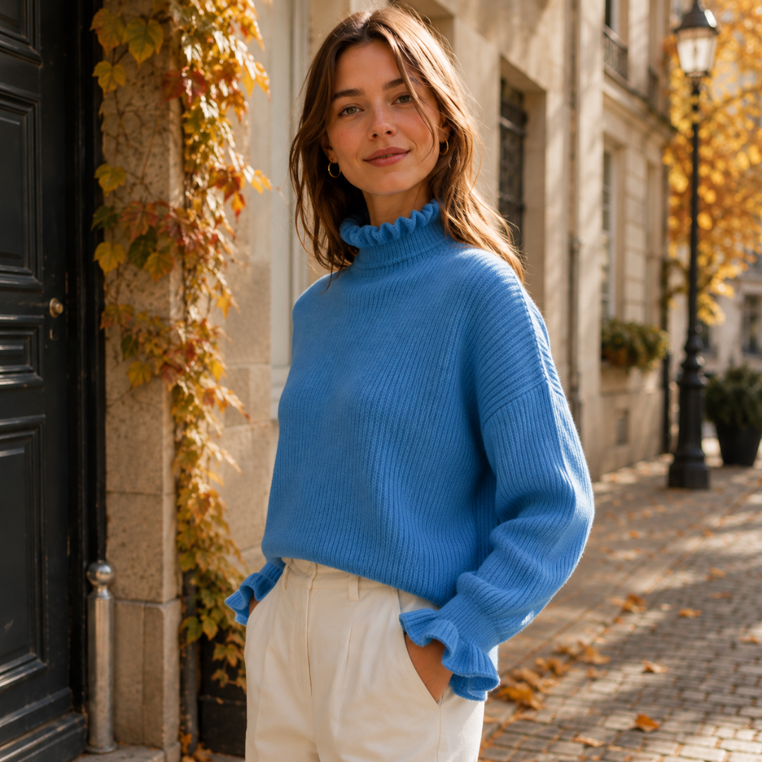Pull femme bleu de trois quarts, manches longues et poignets ornés de volants