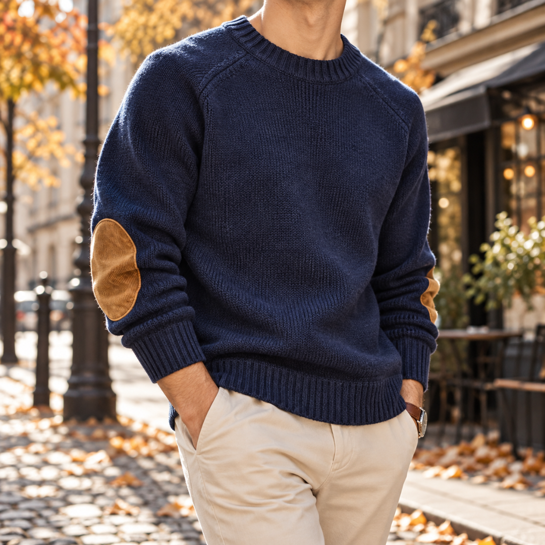 Pull homme bleu à manches raglan et coudières effet daim contrastées