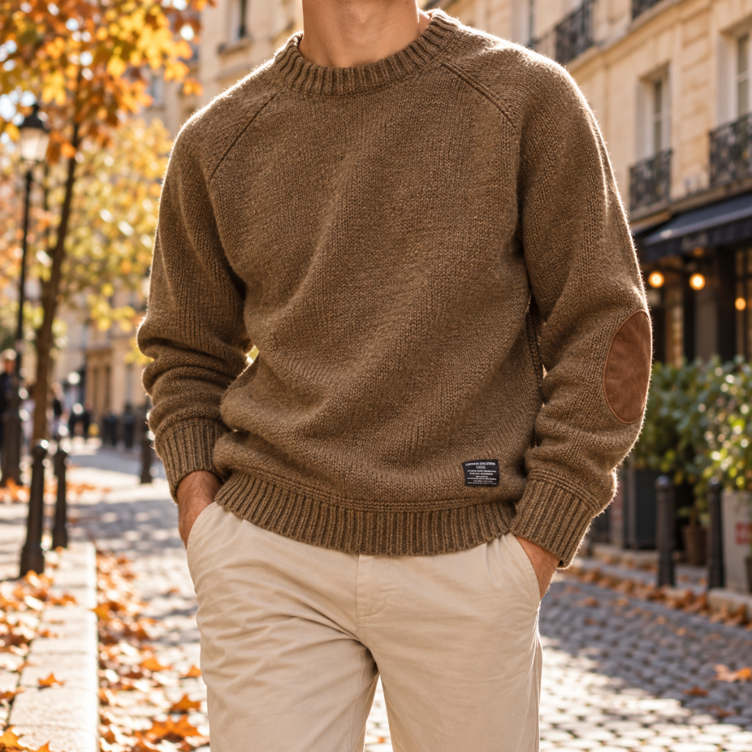 Pull homme marron en maille unie avec coudières arrondies et ourlet côtelé