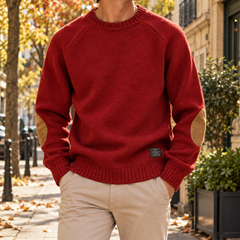 Pull homme rouge en maille à col rond côtelé et coudières effet daim