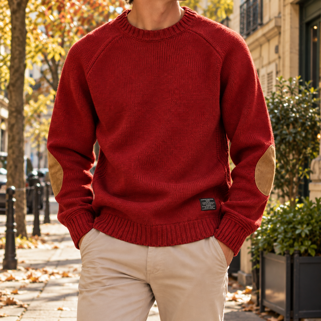Pull homme rouge en maille à col rond côtelé et coudières effet daim