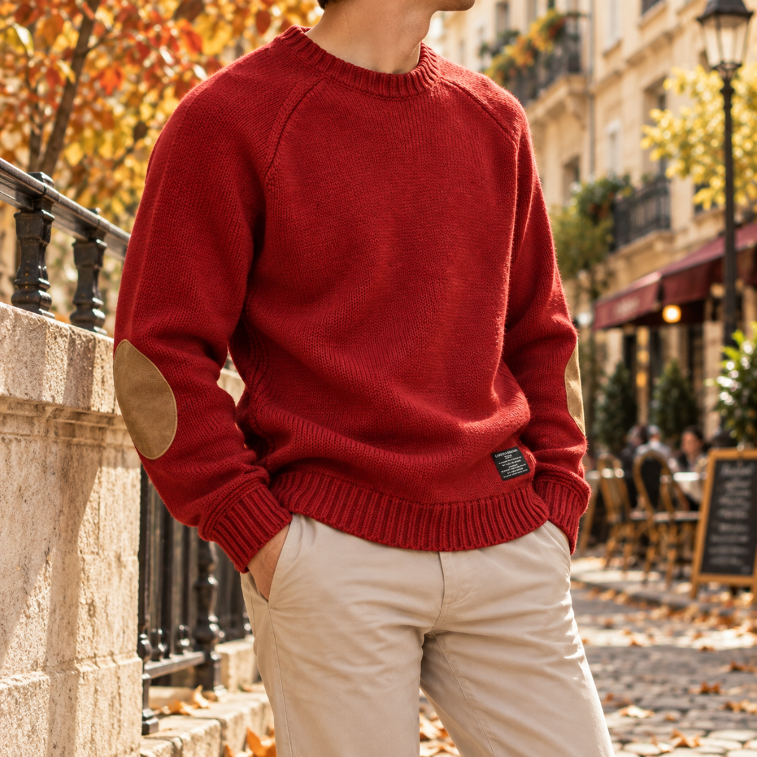 Pull homme rouge porté avec un chino clair, bords côtelés bien visibles