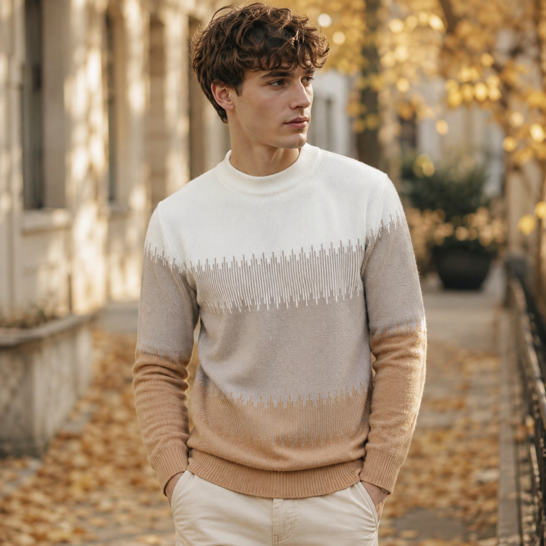 Pull homme camel et blanc à col montant, blocs de couleurs dégradés sur la poitrine