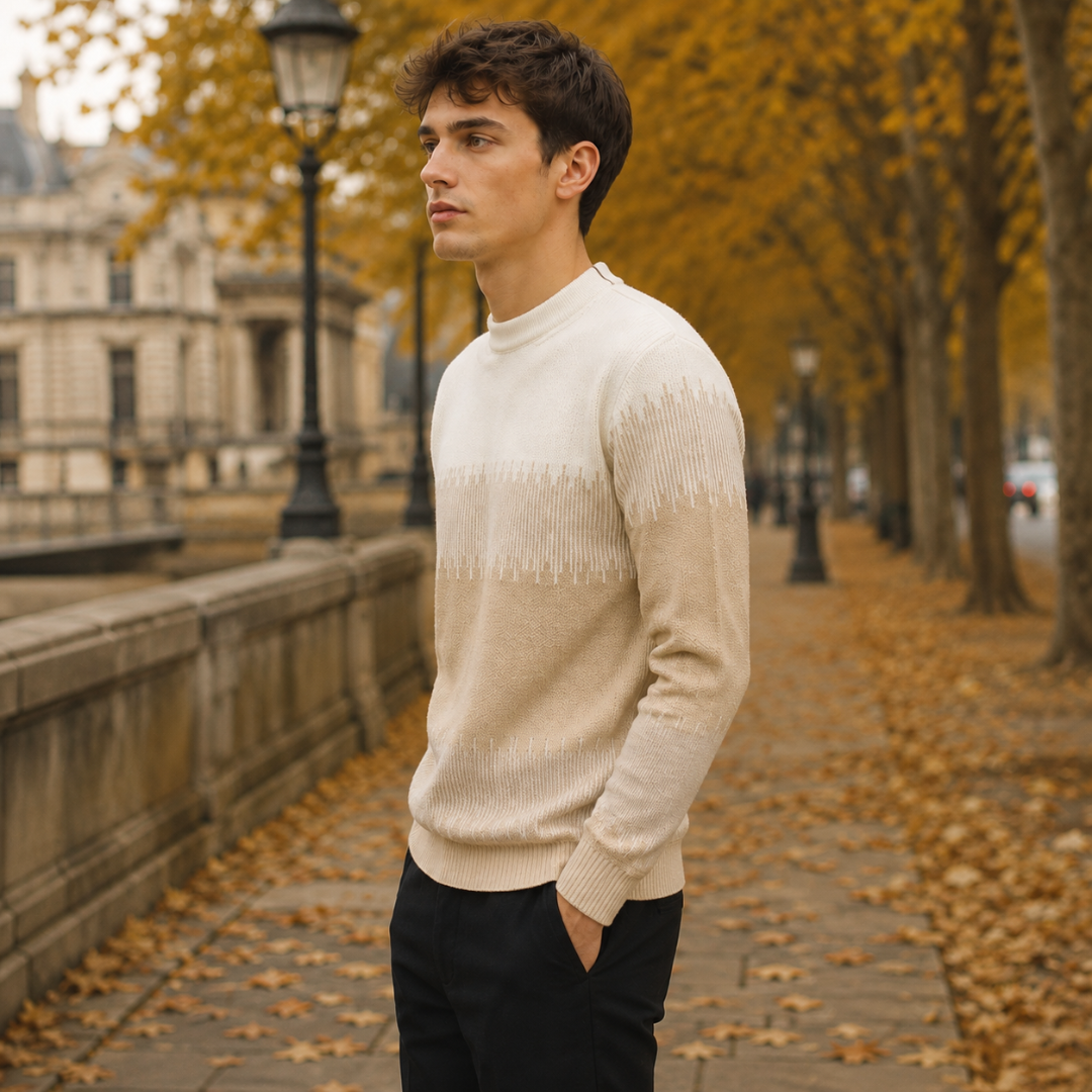 Pull homme kaki vu de profil, manches longues et poignets côtelés bien visibles
