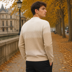 Dos du pull homme kaki avec bande inférieure côtelée et motif en fines pointes