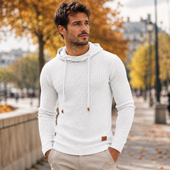 Pull homme blanc à capuche en maille texturée à petits carrés avec cordon de serrage
