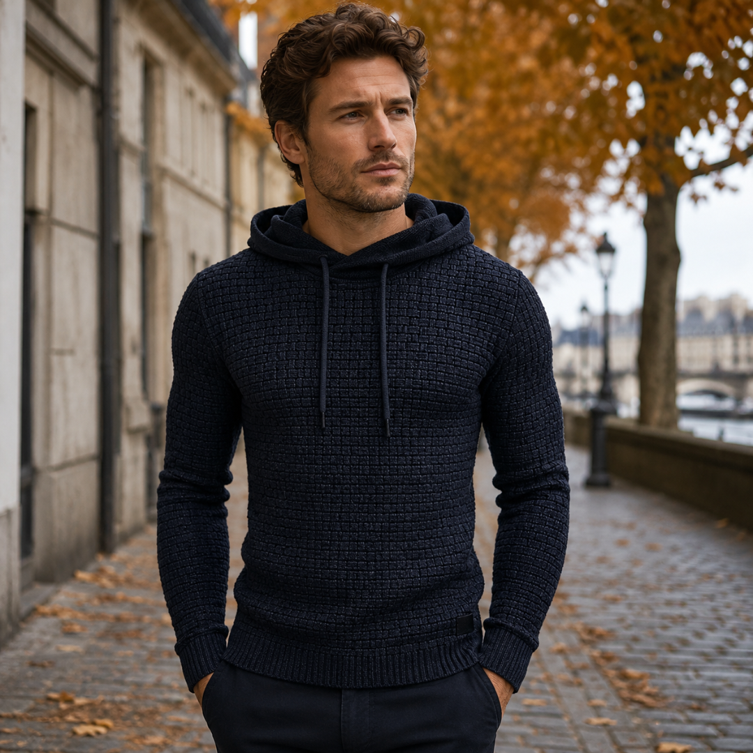 Pull homme bleu marine à capuche, maille texturée et petite étiquette sur le bas