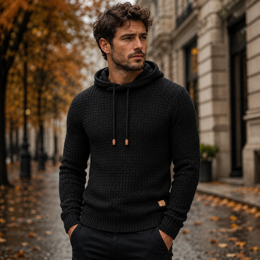 Pull homme noir à capuche avec cordons à embouts cuivrés et bas largement côtelé
