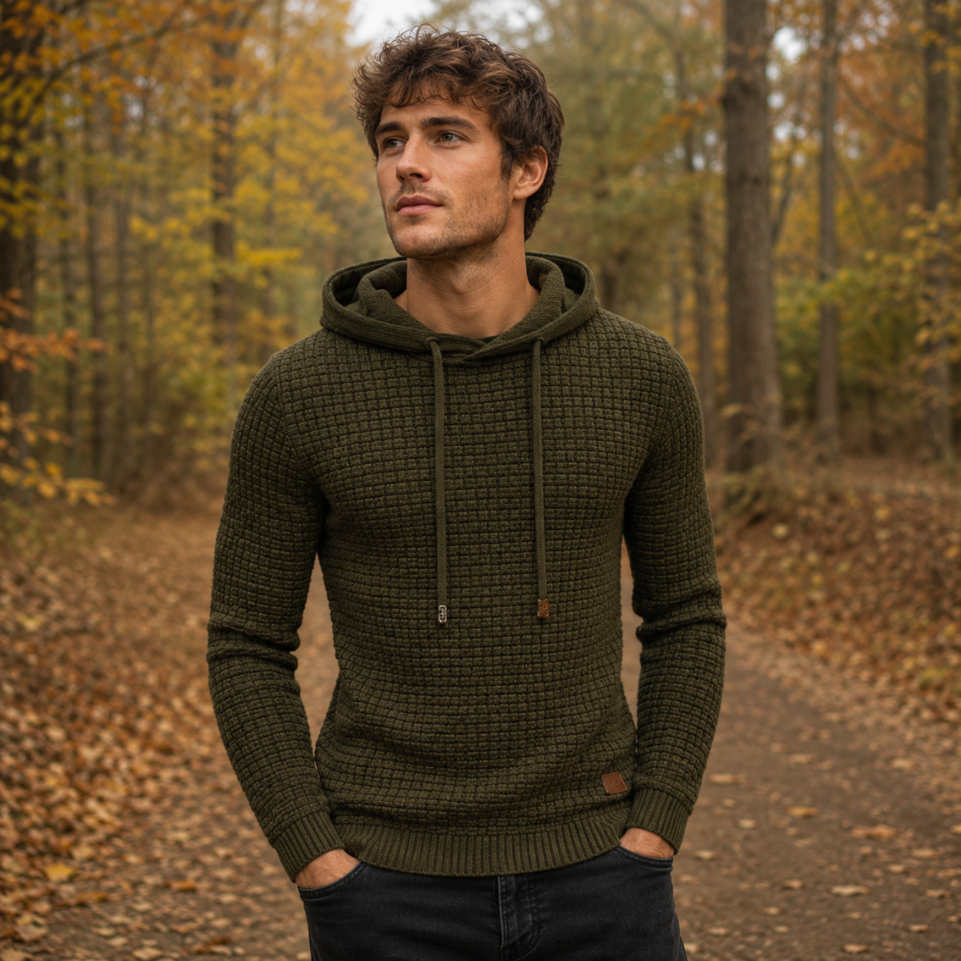 Pull homme vert armée à capuche en maille texturée, cordon de serrage, décor forestier