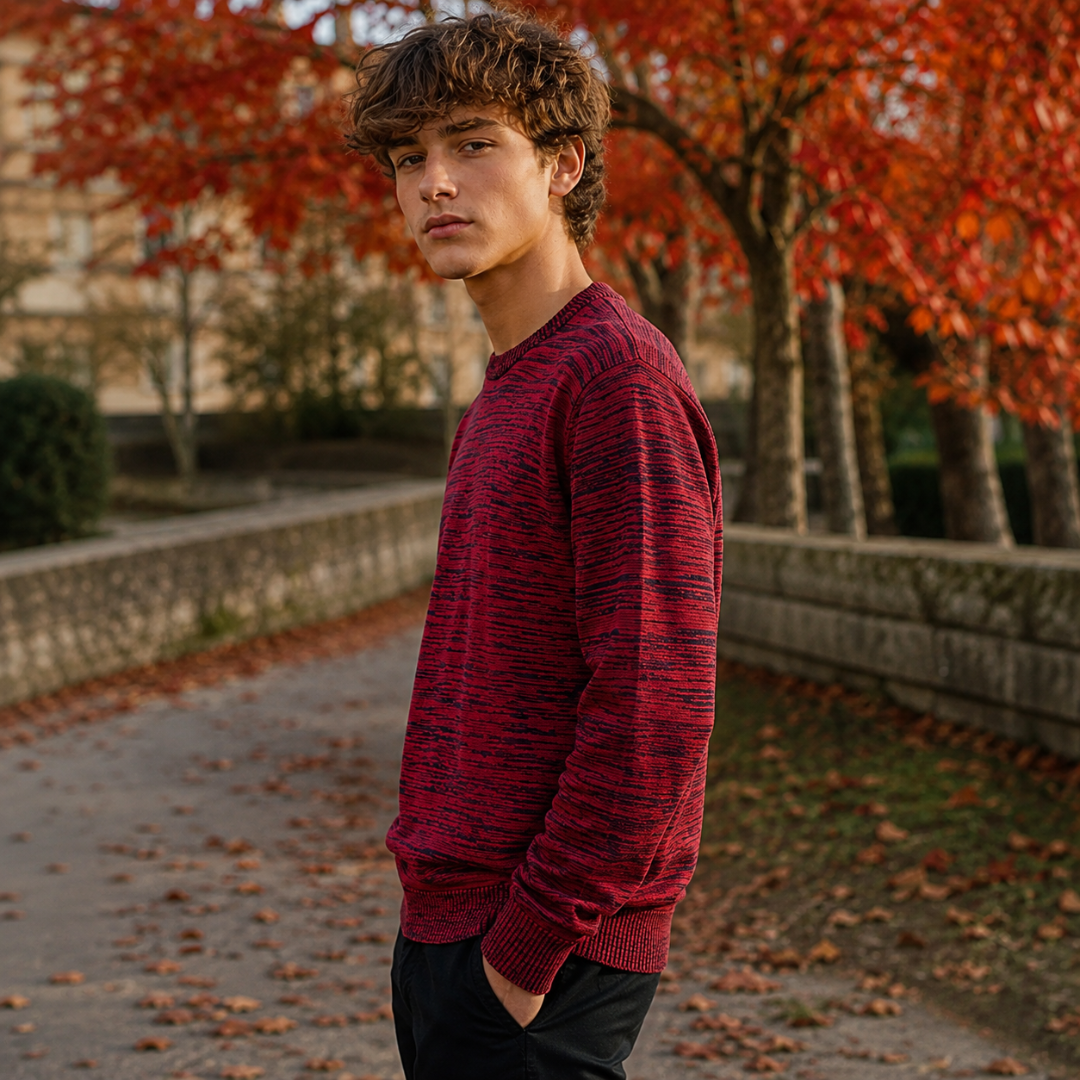 Vue de profil du pull homme rouge chiné avec manches longues et poignets côtelés