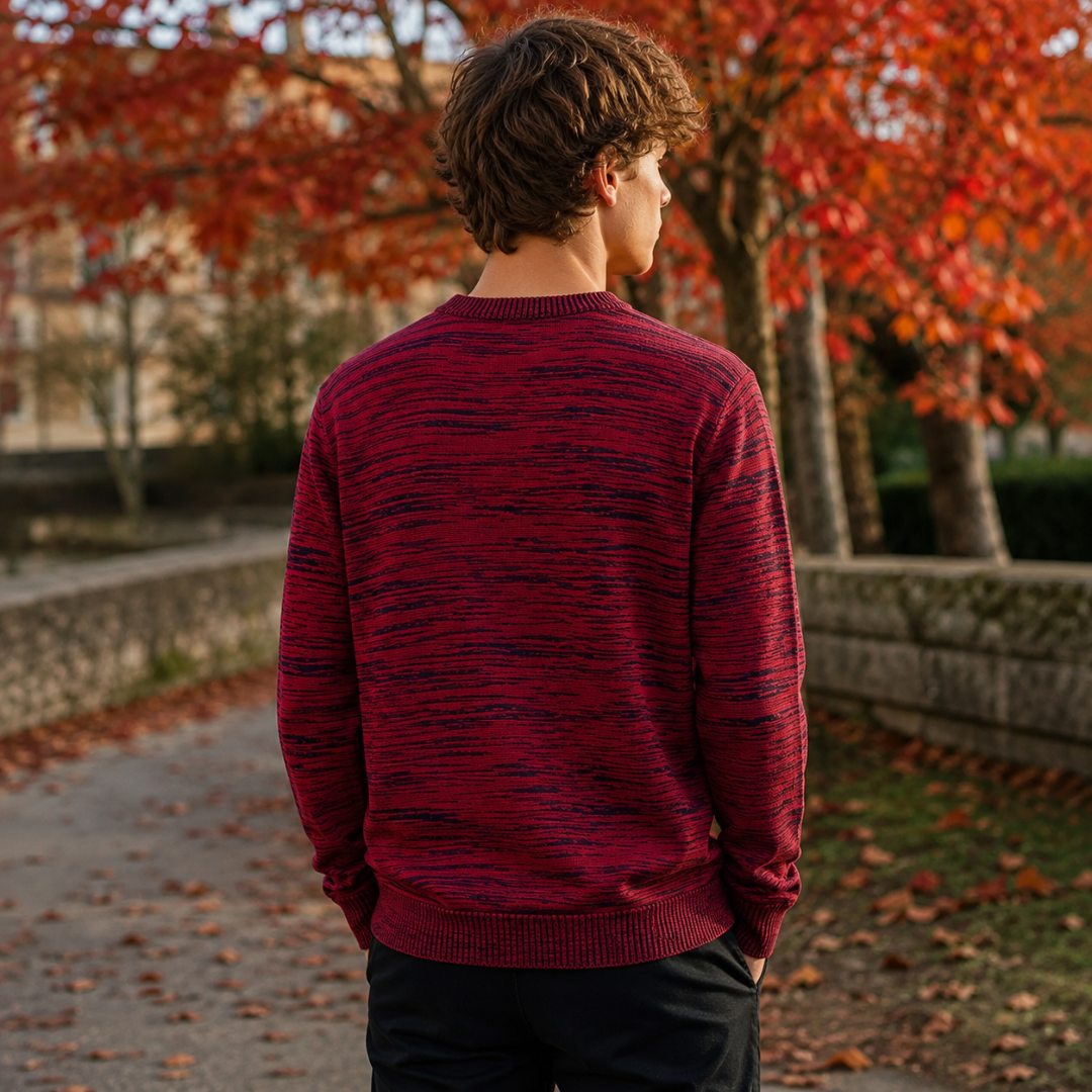Dos du pull homme rouge chiné montrant l'encolure côtelée et le bas nervuré
