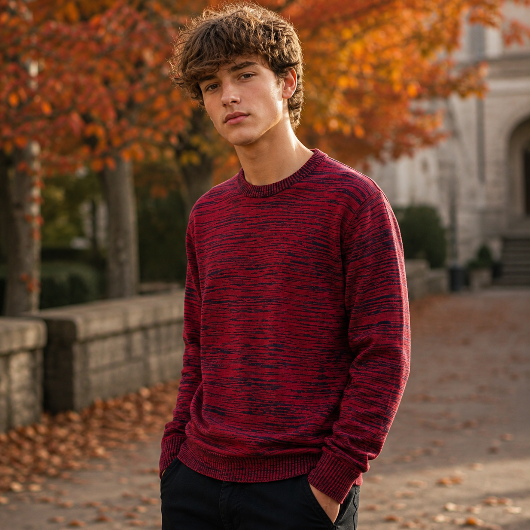 Pull homme rouge chiné vu de trois quarts, col rond et bas côtelé visibles
