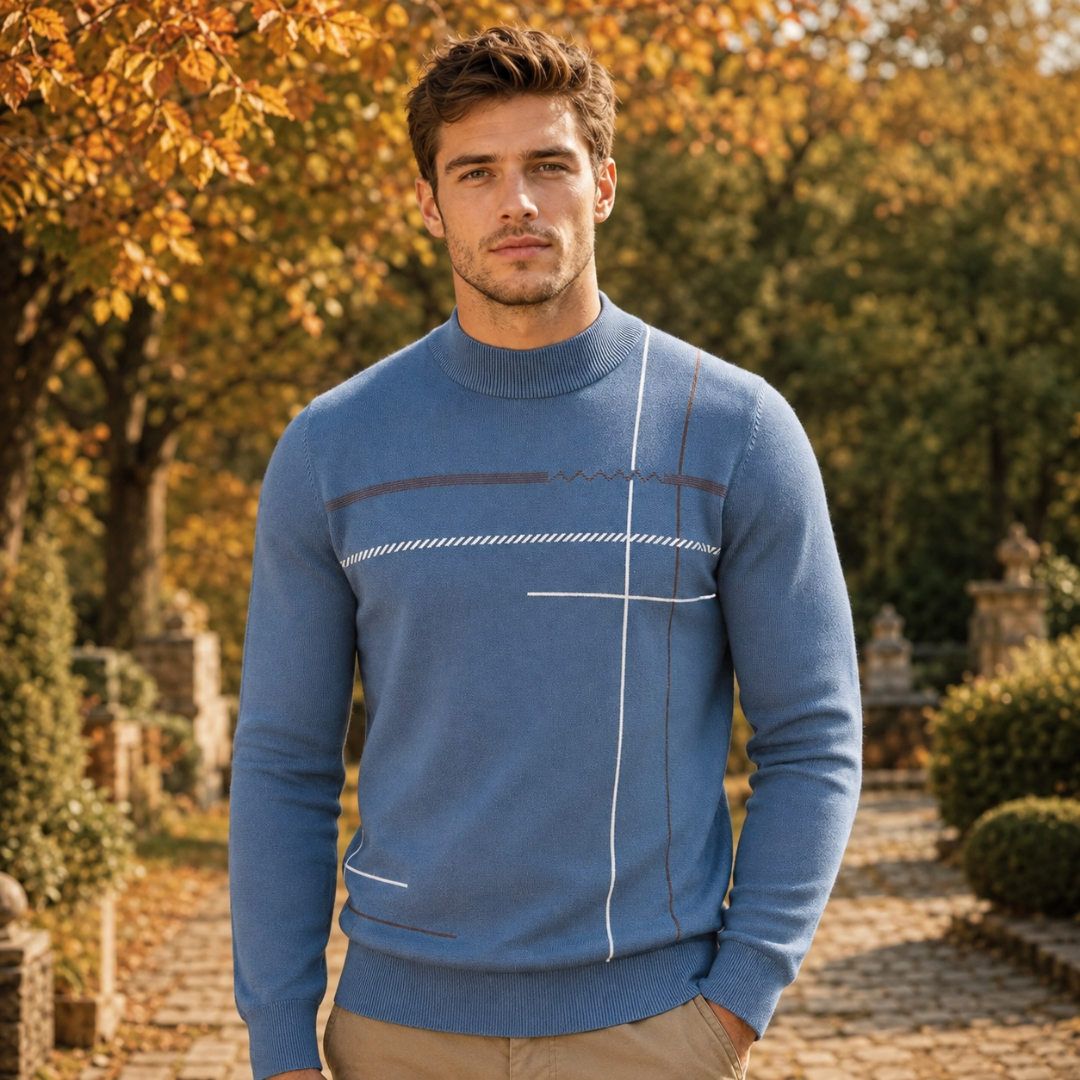 Pull homme bleu à col montant, lignes blanches et brunes croisées sur le buste
