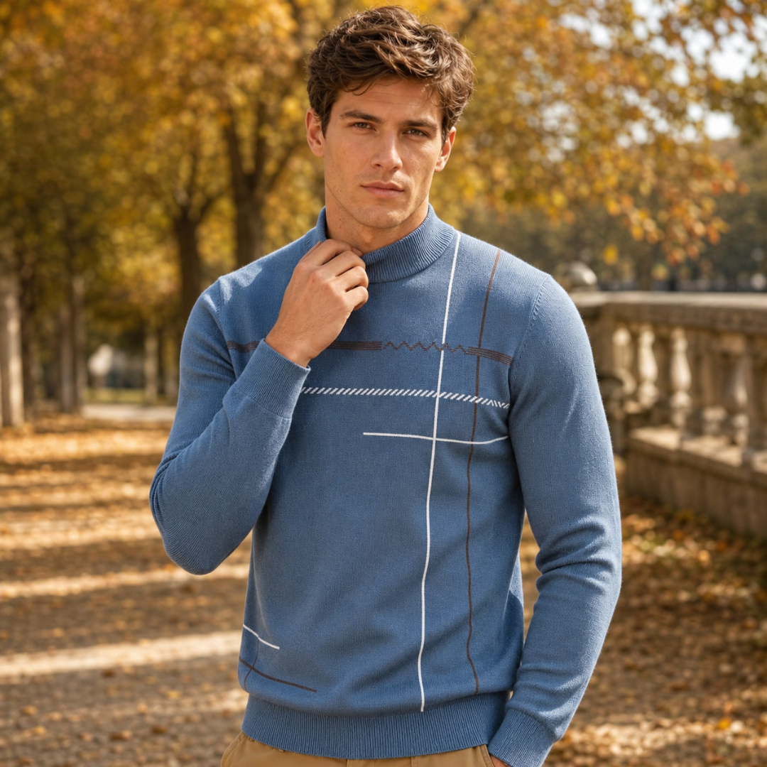 Homme ajustant le col montant côtelé de son pull bleu à lignes graphiques