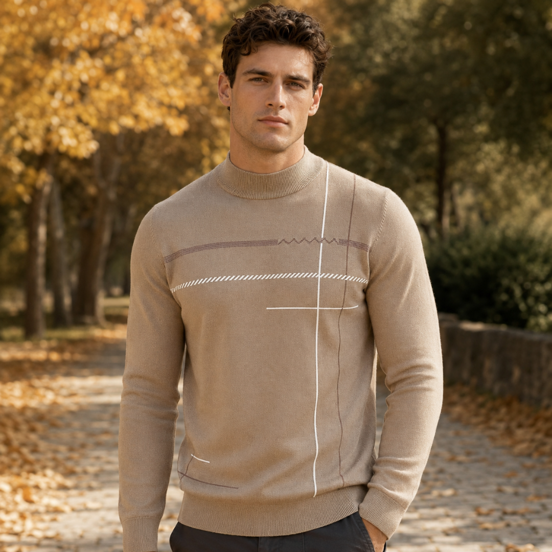 Pull homme kaki à col montant, motif de lignes contrastées sur le devant