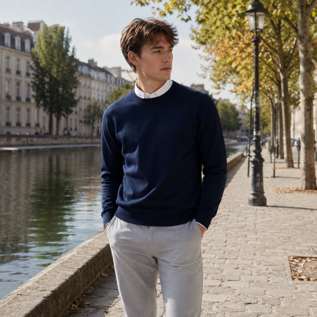 Pull homme bleu marine col rond, bords côtelés aux poignets et à la base