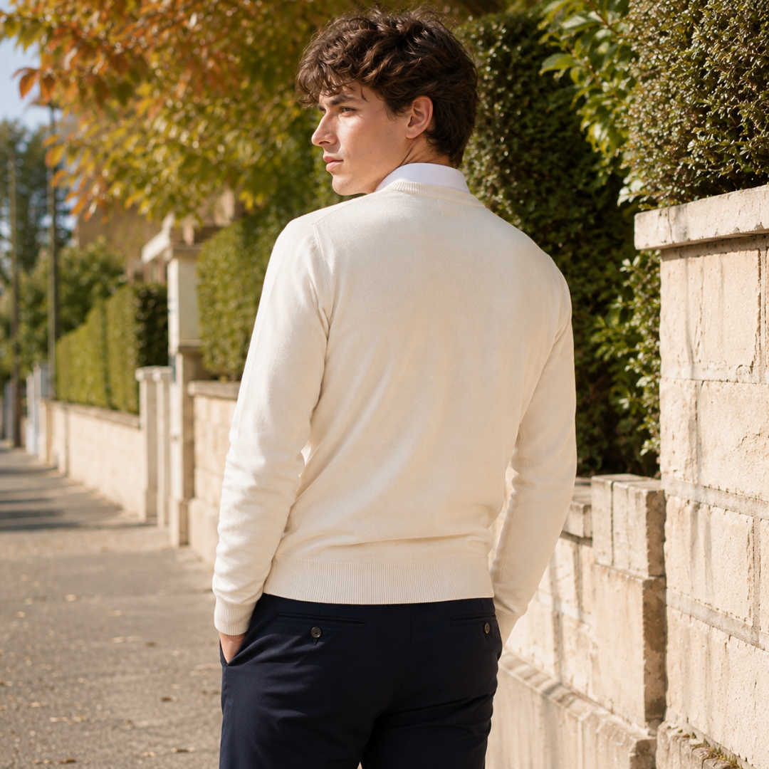 Dos du pull homme crème, base côtelée et épaules aux coutures nettes