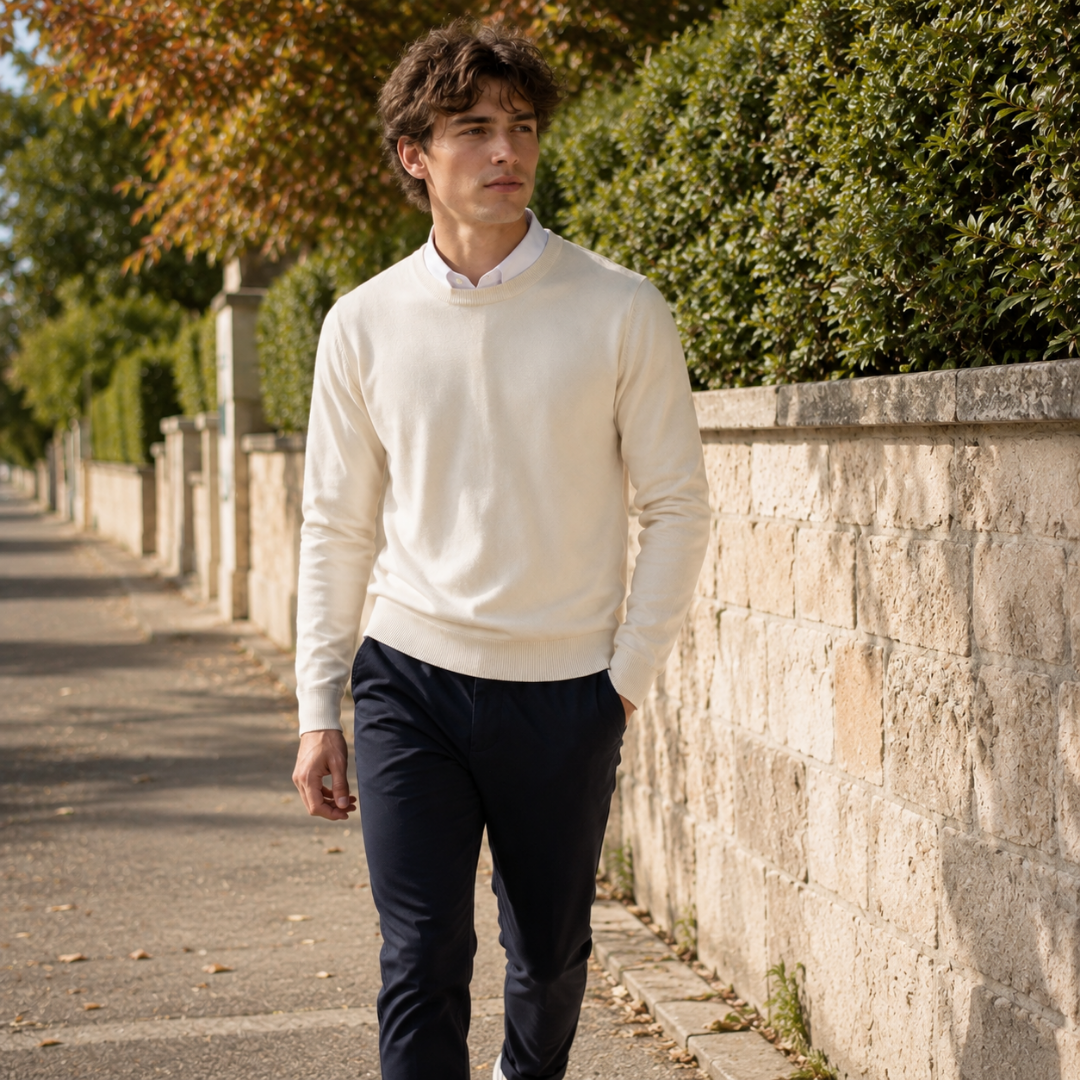 Pull crème col rond homme porté avec un pantalon bleu marine en marchant