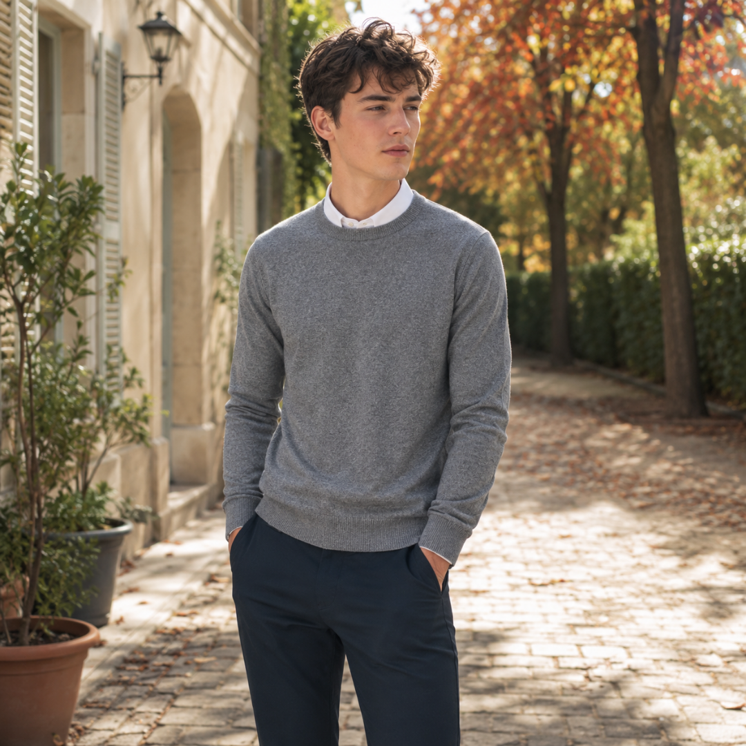 Pull homme gris chiné à col rond, poignets côtelés et manches longues