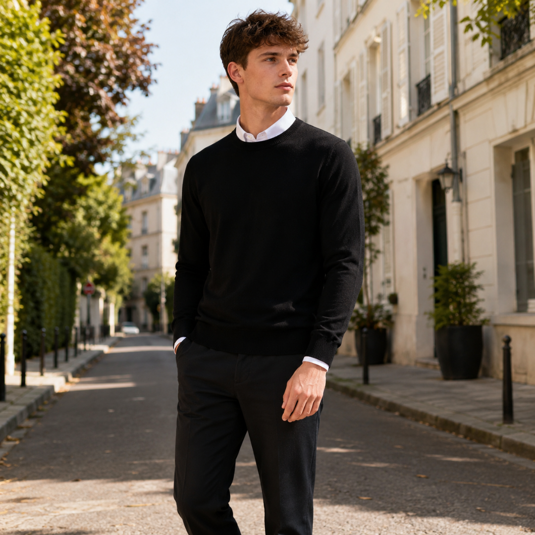 Pull homme noir à col rond, manches longues et poignets côtelés