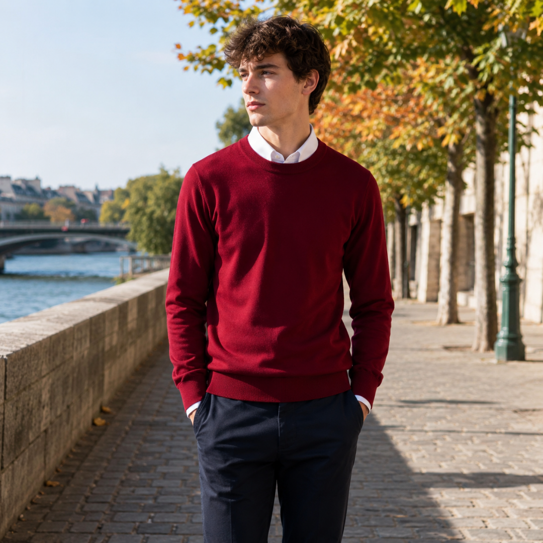 Pull homme rouge à col rond avec base côtelée, porté en ville