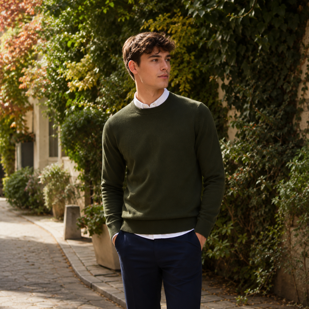 Pull homme vert armée à col rond, chemise blanche portée dessous
