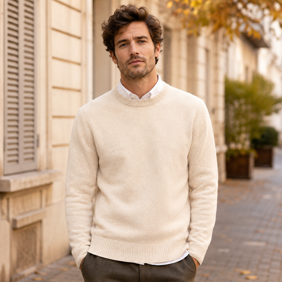 Pull beige à col rond avec base côtelée, porté avec un pantalon foncé