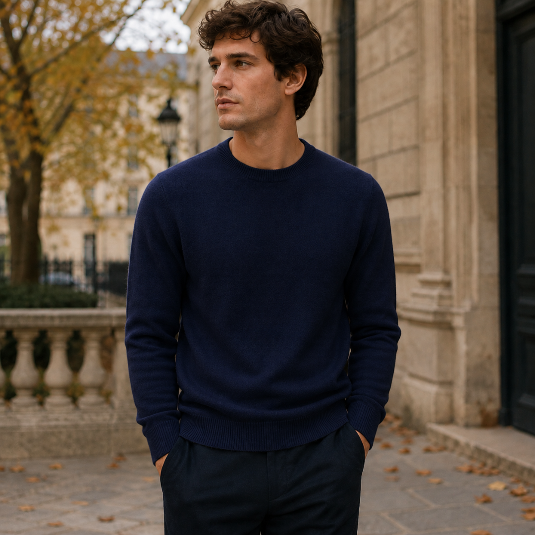 Pull homme bleu marine à col rond côtelé porté avec un pantalon foncé