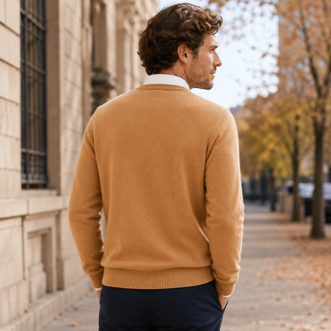 Vue de dos du pull homme caramel avec base côtelée et manches longues