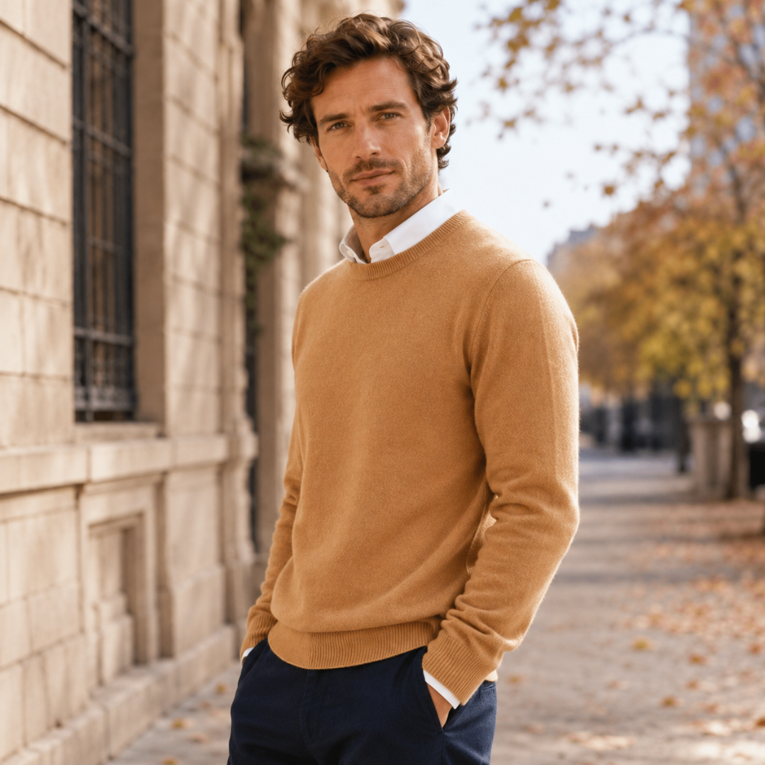 Pull caramel col rond porté sur chemise blanche, mains dans les poches, en extérieur