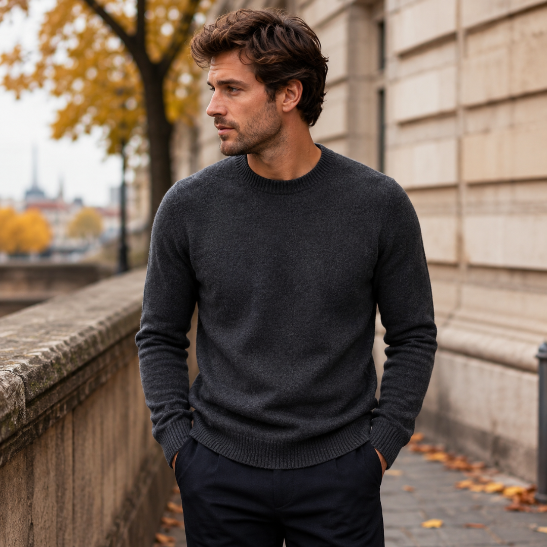 Pull homme gris foncé uni à col rond, manches longues et bas côtelé