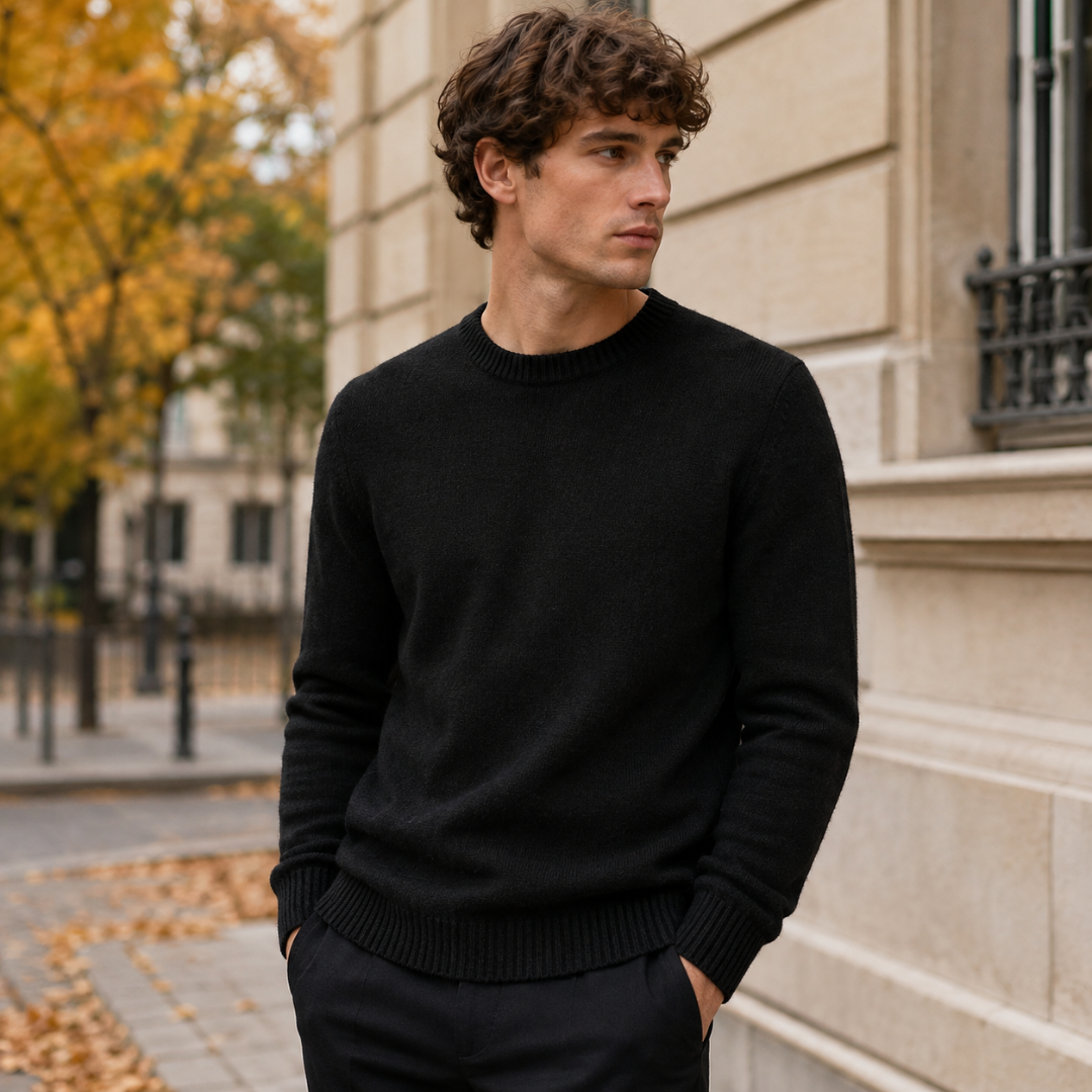 Pull homme noir uni à encolure ronde côtelée et bas côtelé