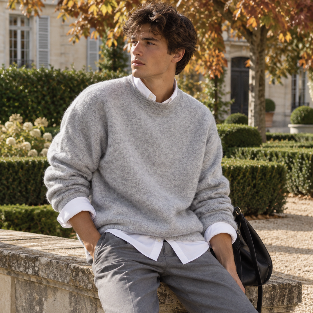 Pull homme gris chiné en maille duveteuse avec poignets côtelés retroussés