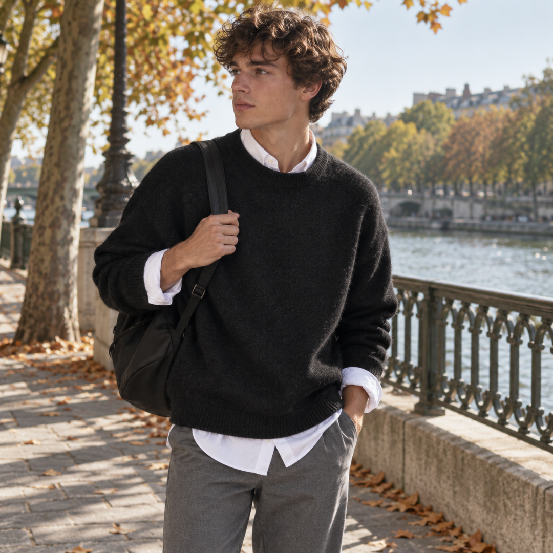 Pull homme noir en maille duveteuse, encolure ronde et coupe ample