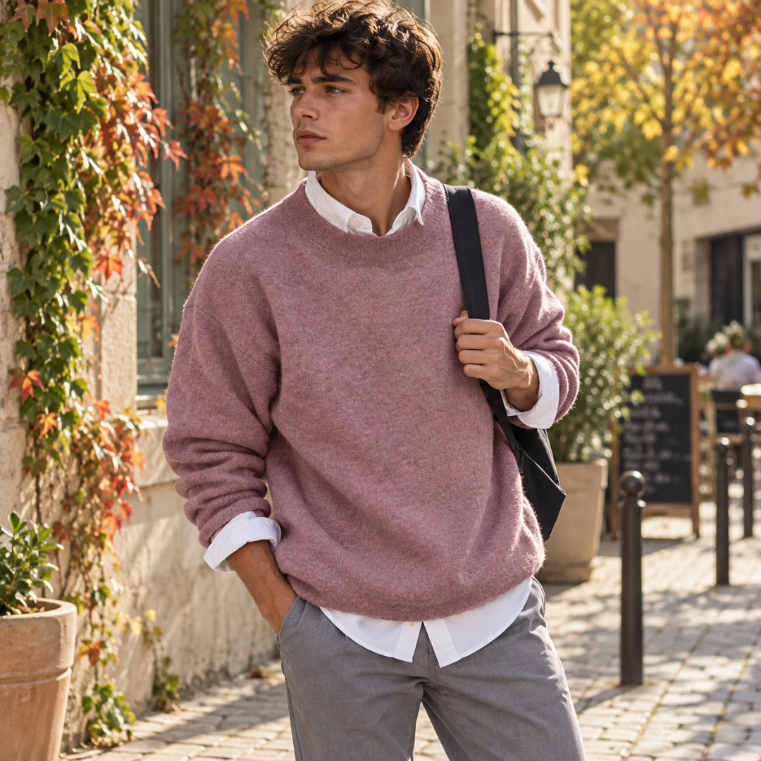 Pull homme rose à col rond côtelé porté sur une chemise blanche