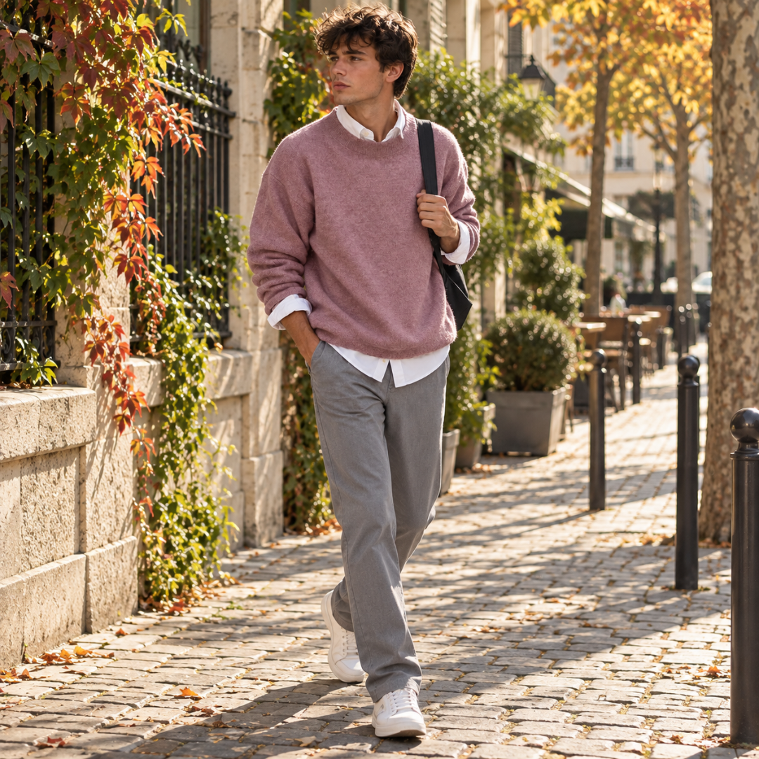 Homme en pull rose en maille duveteuse et pantalon gris dans la rue