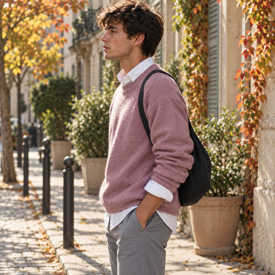 Pull rose vu de profil, épaules tombantes et manches longues à poignets côtelés
