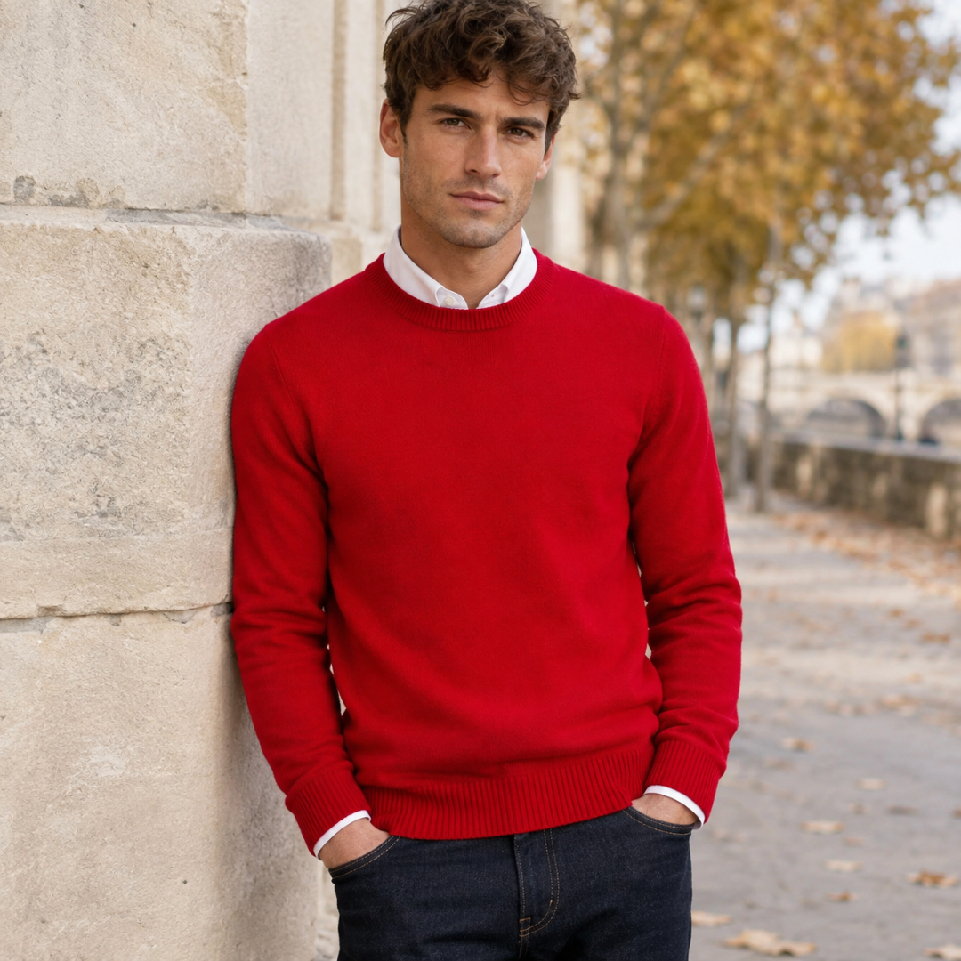 Pull rouge écarlate à col rond porté sur chemise blanche devant un mur clair