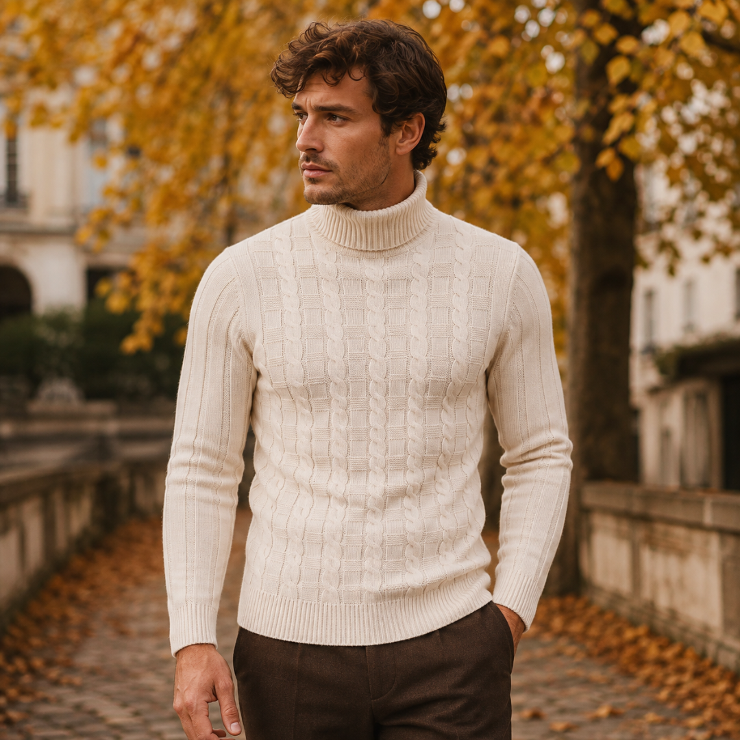 Pull homme beige à maille torsadée, col roulé et poignets bords-côtes