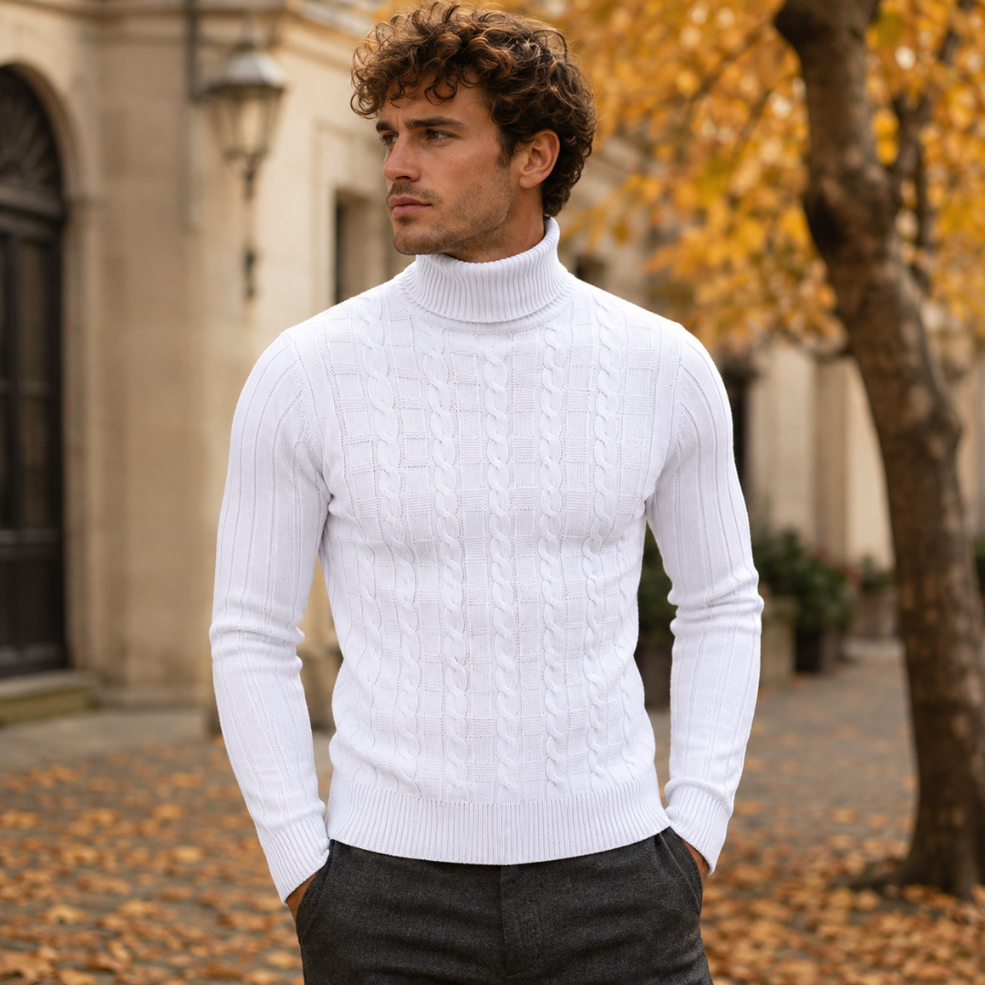 Pull homme blanc à col roulé côtelé et torsades verticales sur le devant