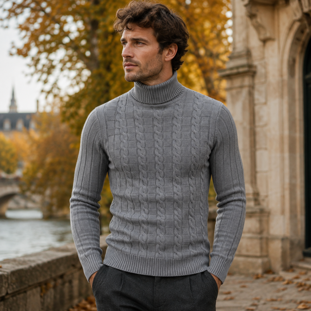 Pull homme gris chiné à col roulé, torsades en relief et manches longues