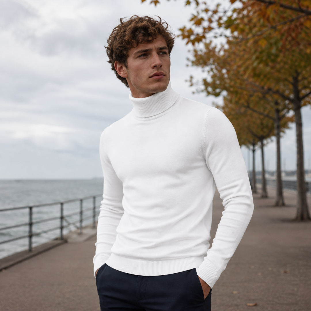 Pull homme blanc à col roulé côtelé porté avec un pantalon marine
