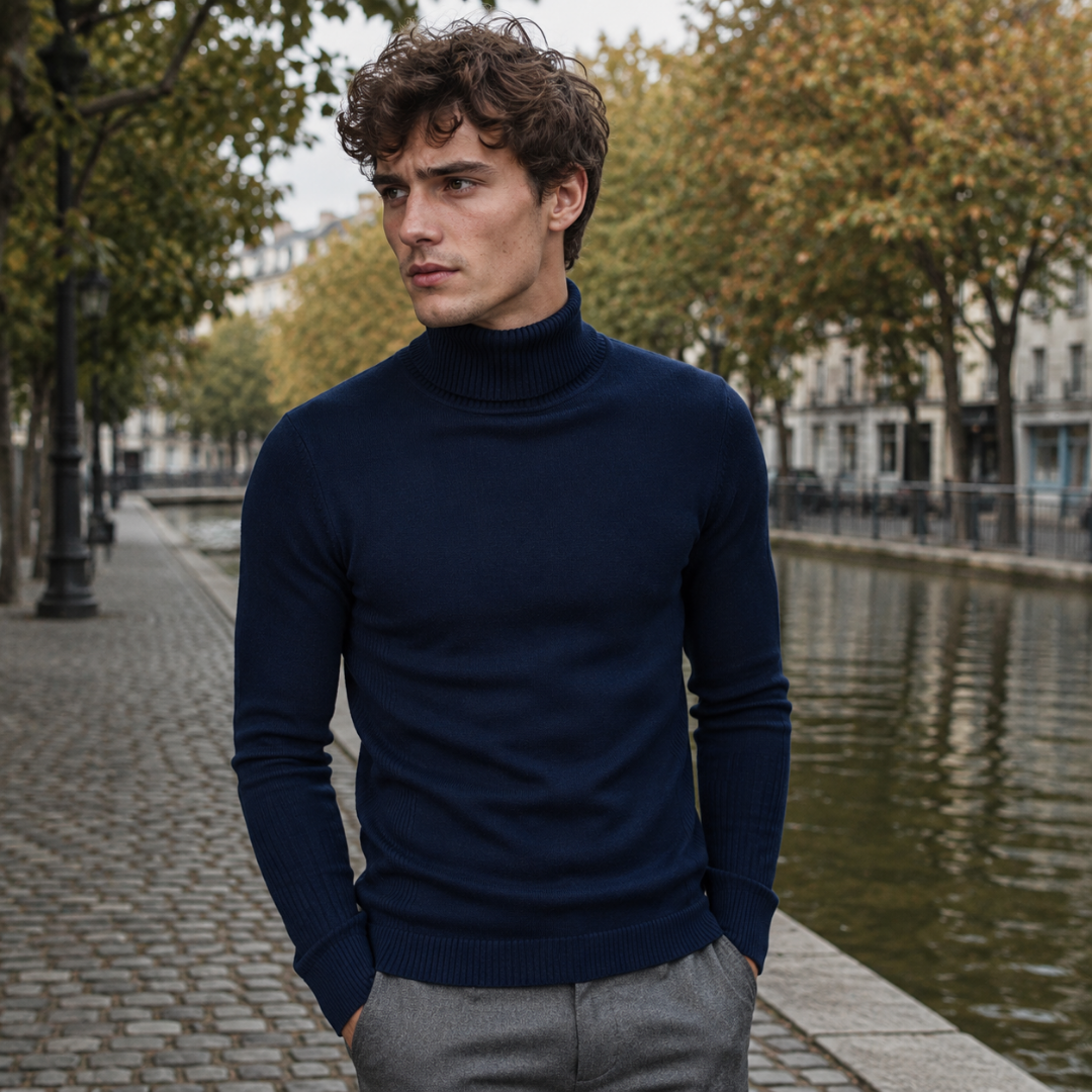 Pull homme bleu marine à col roulé côtelé et poignets côtelés