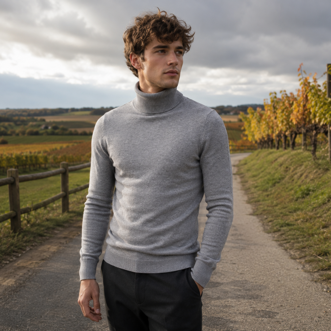 Pull homme gris clair à col roulé et finitions côtelées aux poignets