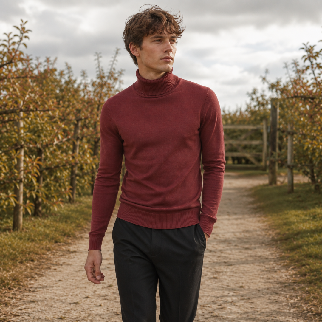 Pull homme rouge à col roulé côtelé porté avec un pantalon noir