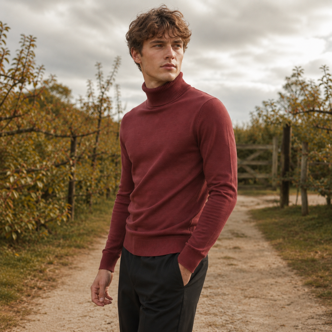 Pull rouge à col roulé montant, manches longues et ligne nette